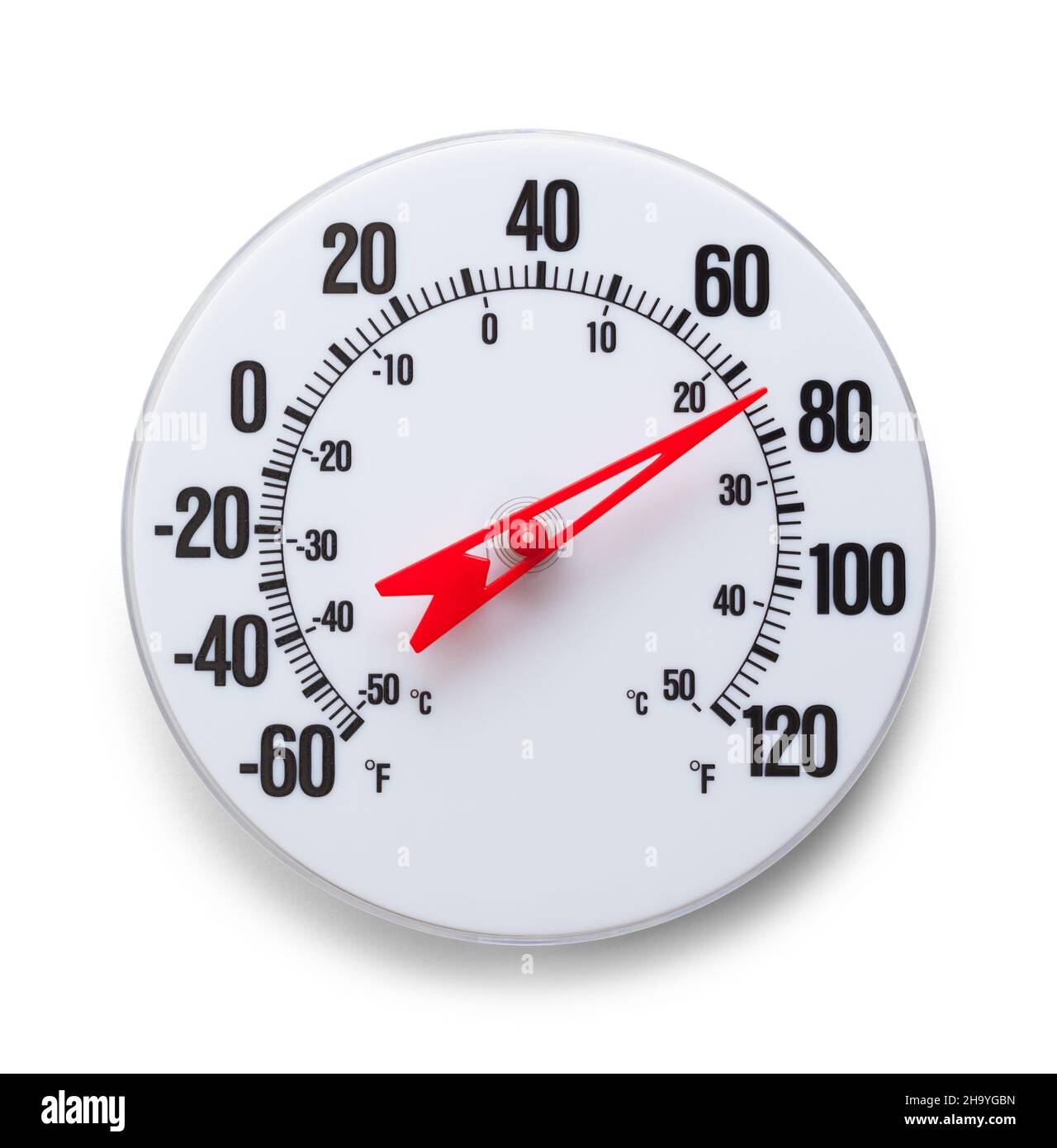 Rundes Outdoor-Thermometer mit rotem Pfeil auf Weiß. Stockfoto