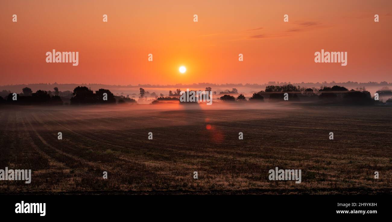 Misty Sunrise Farming Land Großbritannien Stockfoto