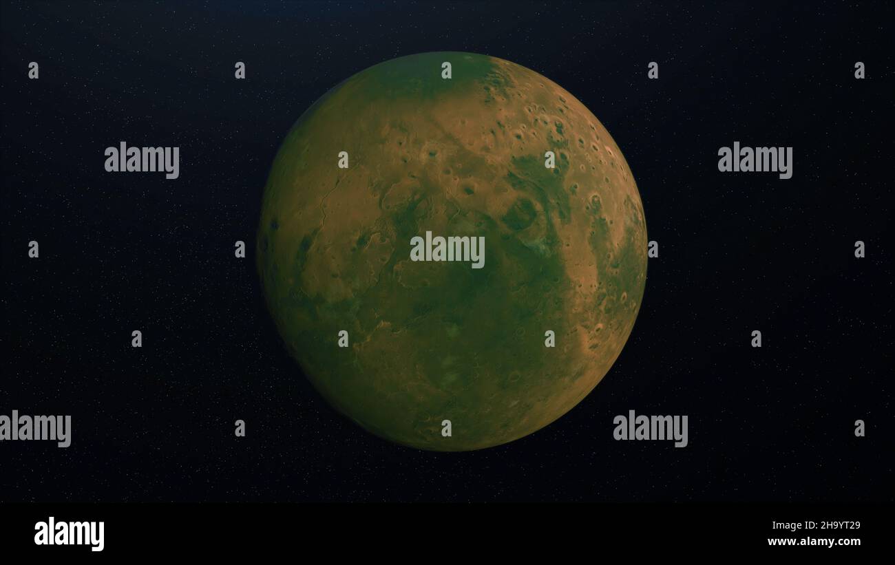 Abstrakte Animation der Oberfläche des grünen Planeten. Animation. Grüner Planet mit Krater-Oberfläche und Unregelmäßigkeiten rotiert auf dem Hintergrund des Sternraums. Stockfoto