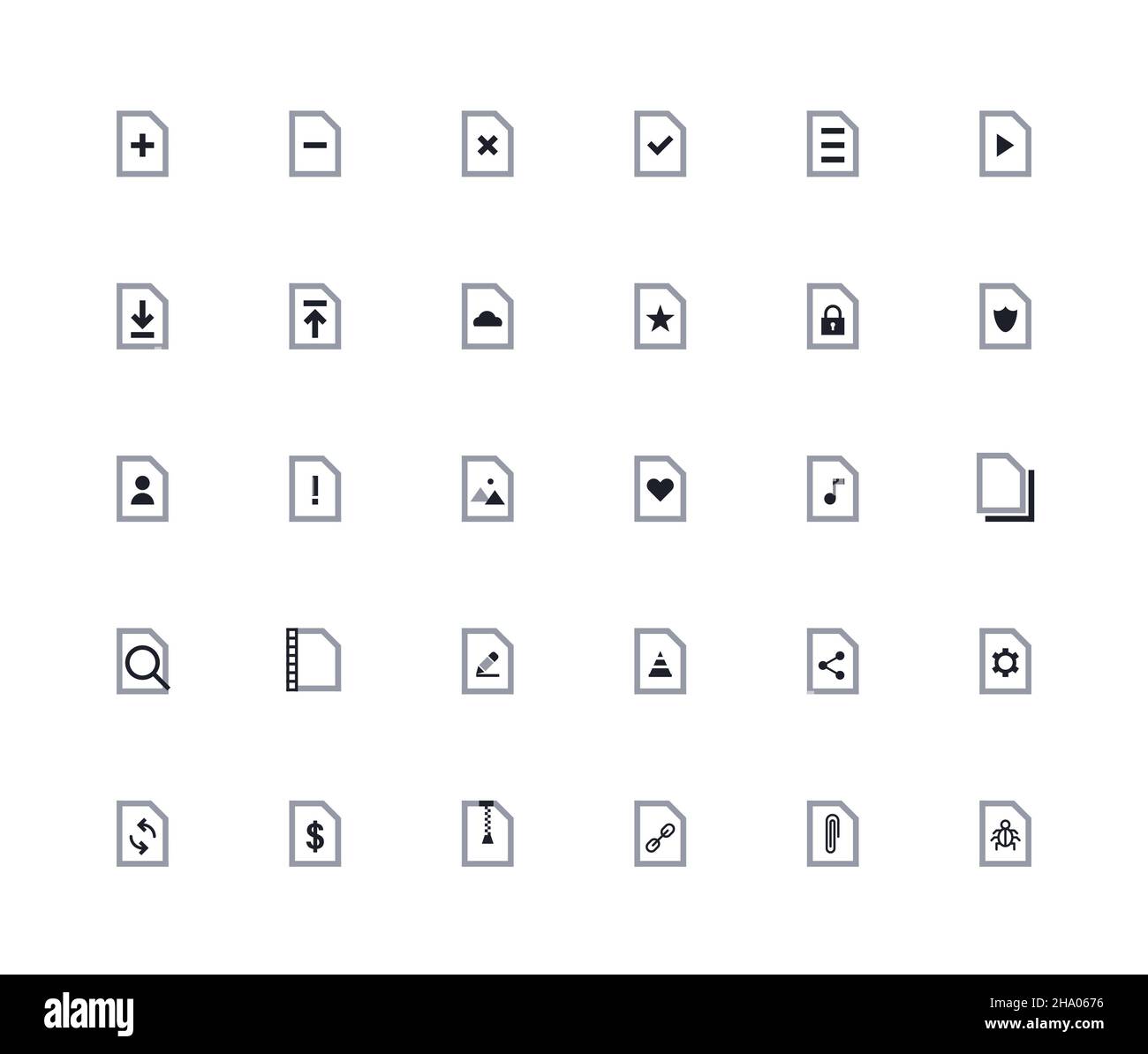 Verschiedene Arten von Dokumenten. Symbole eingestellt. Zweifarbiger Satz, Größe 24 x 24. Stockfoto