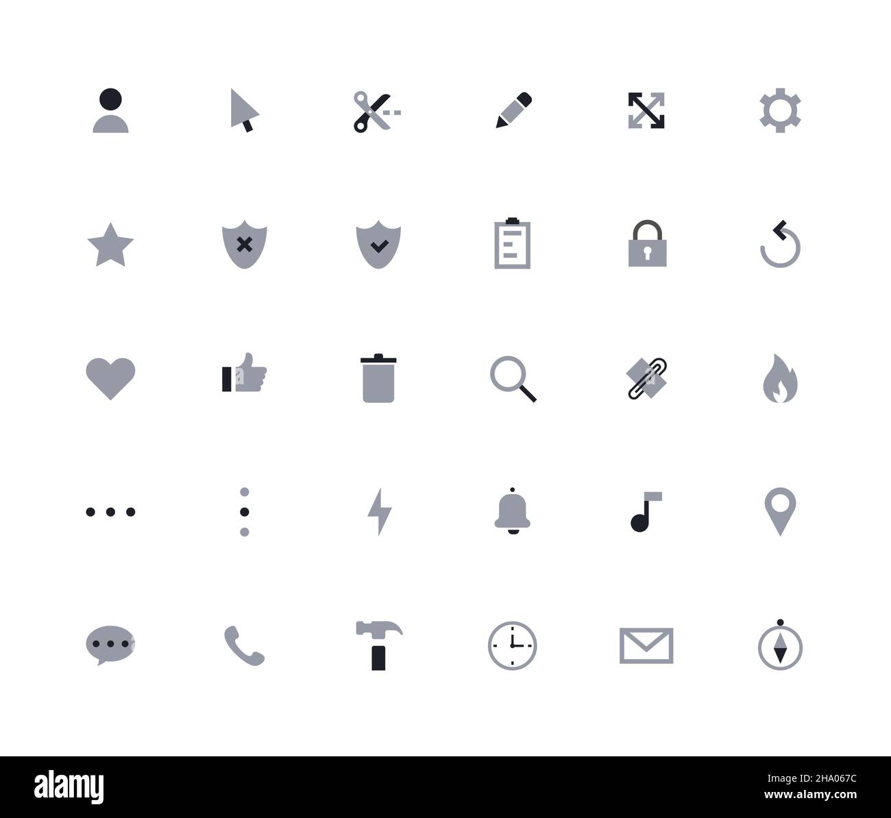 Allgemeine Symbole eingestellt. Zweifarbiger Satz, Größe 24 x 24. Stockfoto