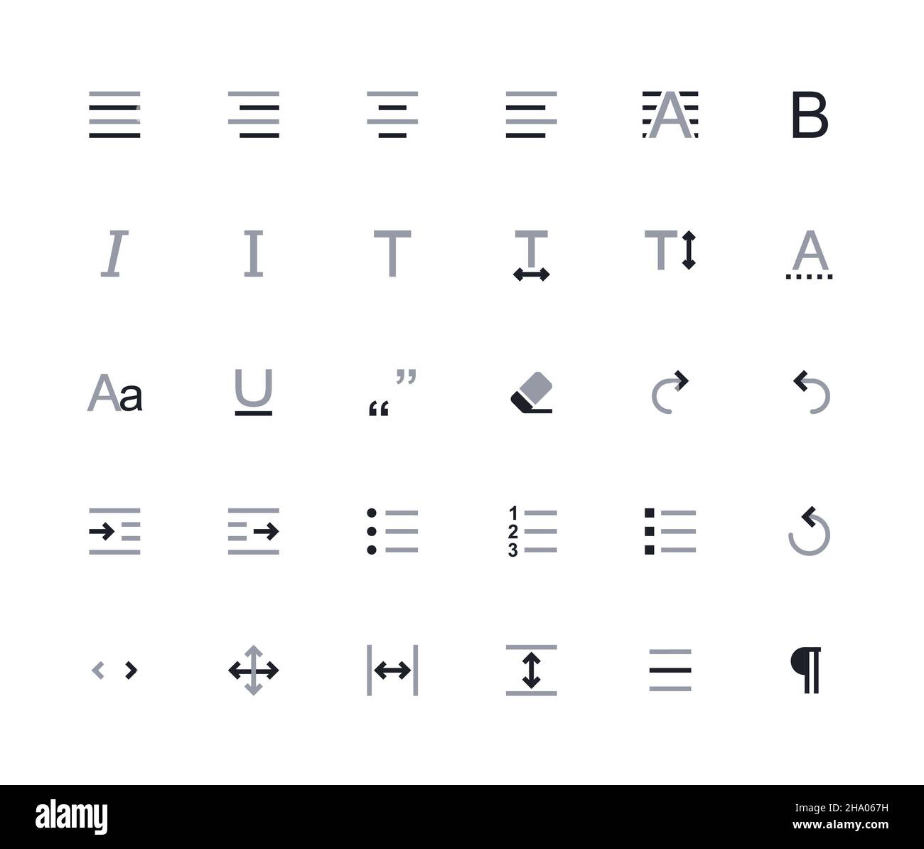 Bearbeitungs- und Formatierungssymbole festgelegt. Zweifarbiger Satz, Größe 24 x 24. Stockfoto