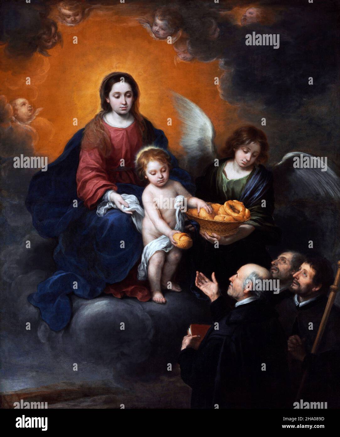 Murillo. Das Christuskind, das den Pilgern Brot verteilt, vom spanischen Künstler Bartolomé Estebán Murillo (1617-1682), Öl auf Leinwand, 1678 Stockfoto