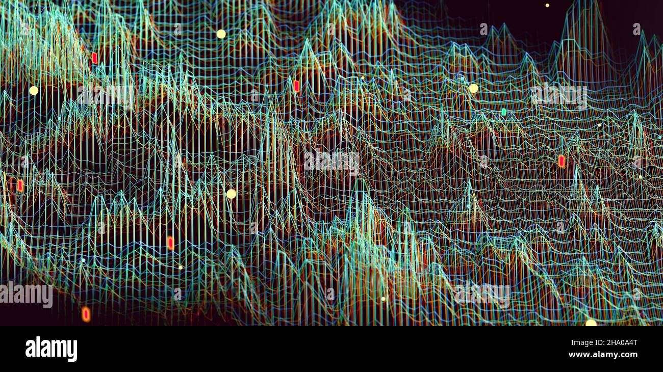 Big Data und Kommunikation. Internet- und Datenanalyse im Web. Teamarbeit und IT-Software-Programmierung.3D Illustration.Technologie und Wissenschaft. Stockfoto
