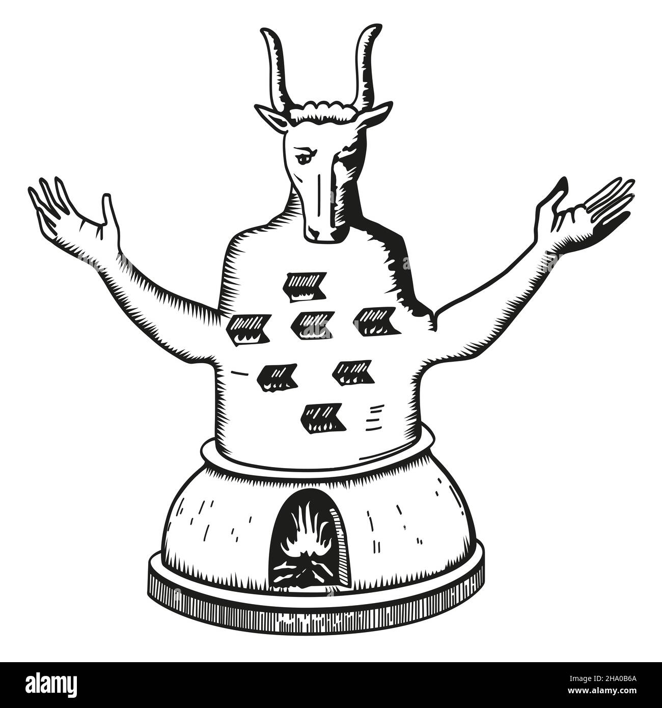Moloch, auch bekannt als Molech oder Melek. Eine heidnische Gottheit, seit dem Mittelalter als Stierkopf-humanoides Idol dargestellt, mit ausgestreckten Armen. Stockfoto