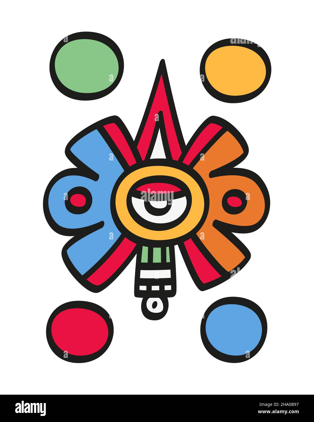Nahui Ollin, fünftes Sonnensymbol in der aztekischen Kosmologie, mit einem Auge in der Mitte, einem Sonnenstrahl und einem Edelstein, der aus dem Auge hervorgeht. Stockfoto