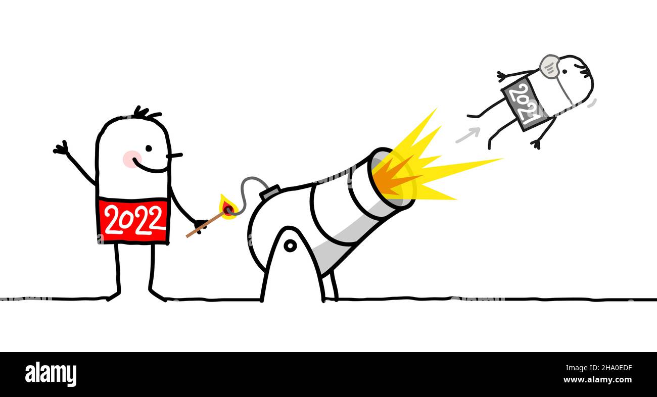 Hand gezeichnet Cartoon 2022 Mann mit einer Kanone und Feuer, und ein kleiner ausgeworfen 2021 Kerl mit Maske Stock Vektor