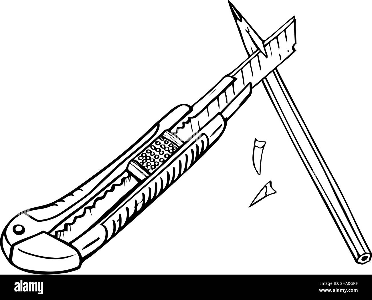Vektordarstellung von Schreibwarenmesser und Bleistift. Design für das ausmalen. Stock Vektor