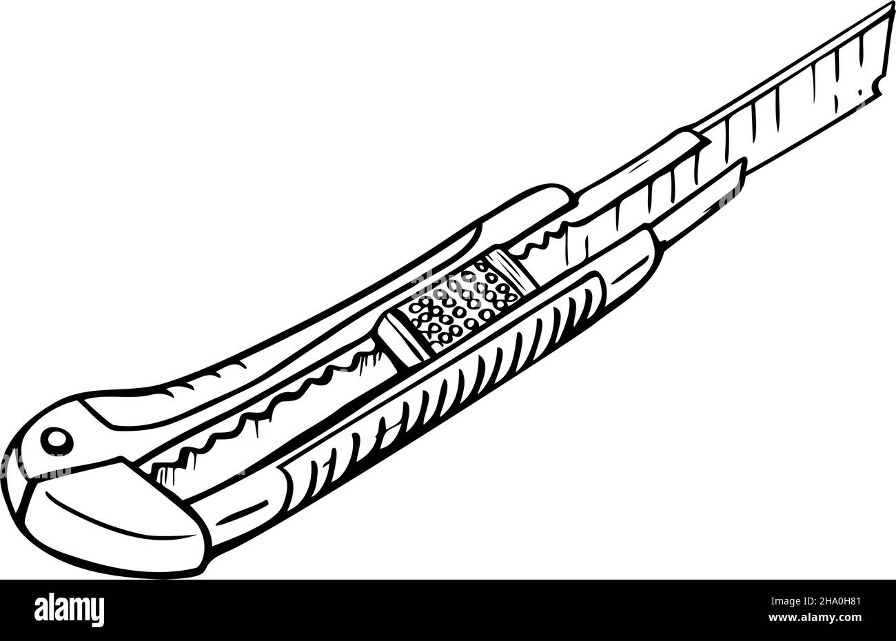 Vektor-Illustration von Schreibwarenmesser. Schwarz-weißer Boxcutter. Stock Vektor