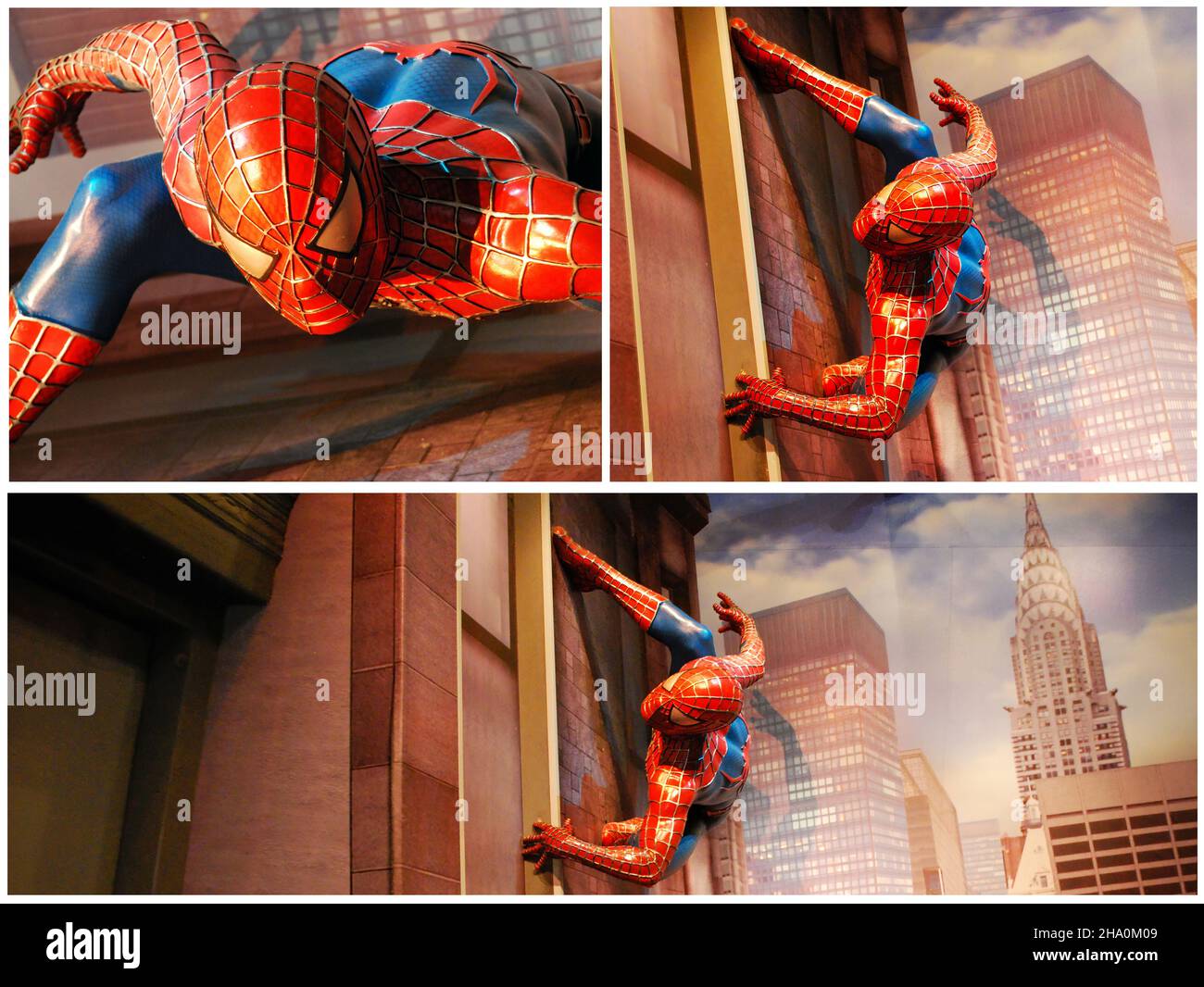 Amsterdam - Niederlande - 8. August 2018: Collage der erstaunlichen Spider-man lebensgroßen Statue. Madame Tussauds Museum. Amsterdam. Stockfoto