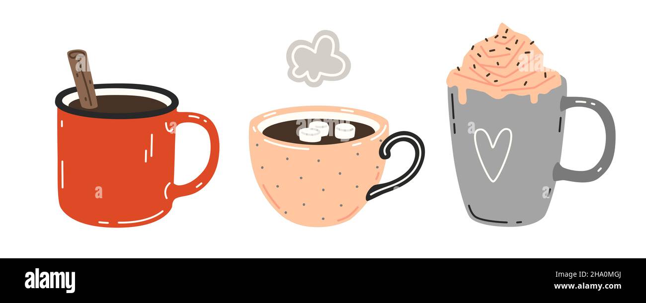 Drei Tassen wärmende Getränke. Satz von flachen Vektorgrafiken Stock Vektor