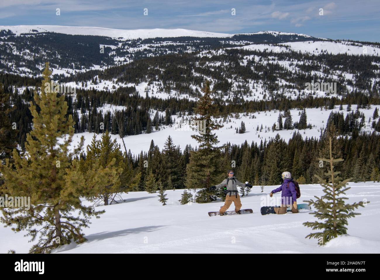 Snowboarder haben eine Schneeballschlacht im colorado Backcountry Stockfoto