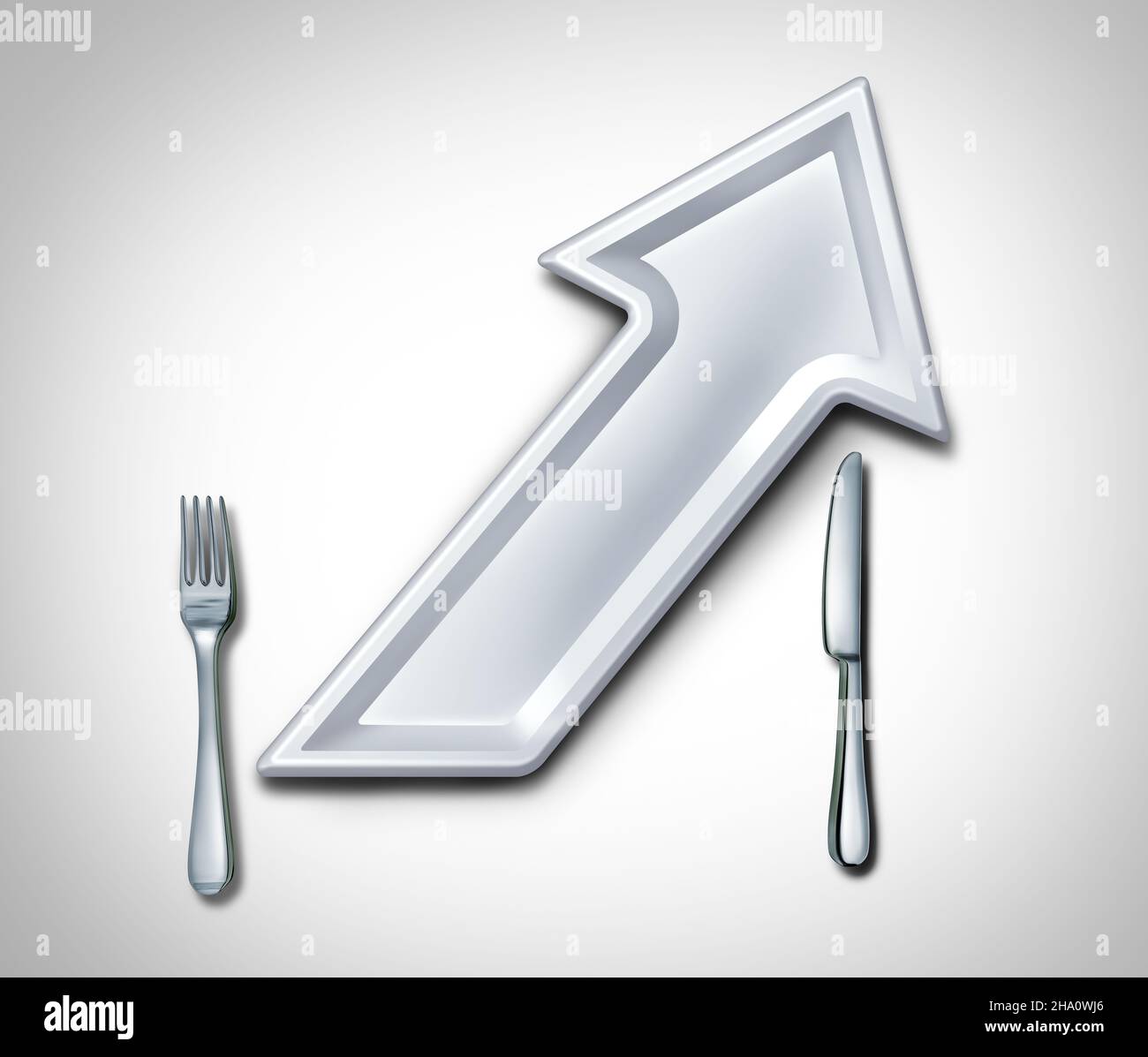 Die Preise im Restaurant steigen und die Kosten für Restaurants steigen und die Lebensmittelkosten für Lebensmittel steigen als Inflationskrisenkonzept als Teller. Stockfoto