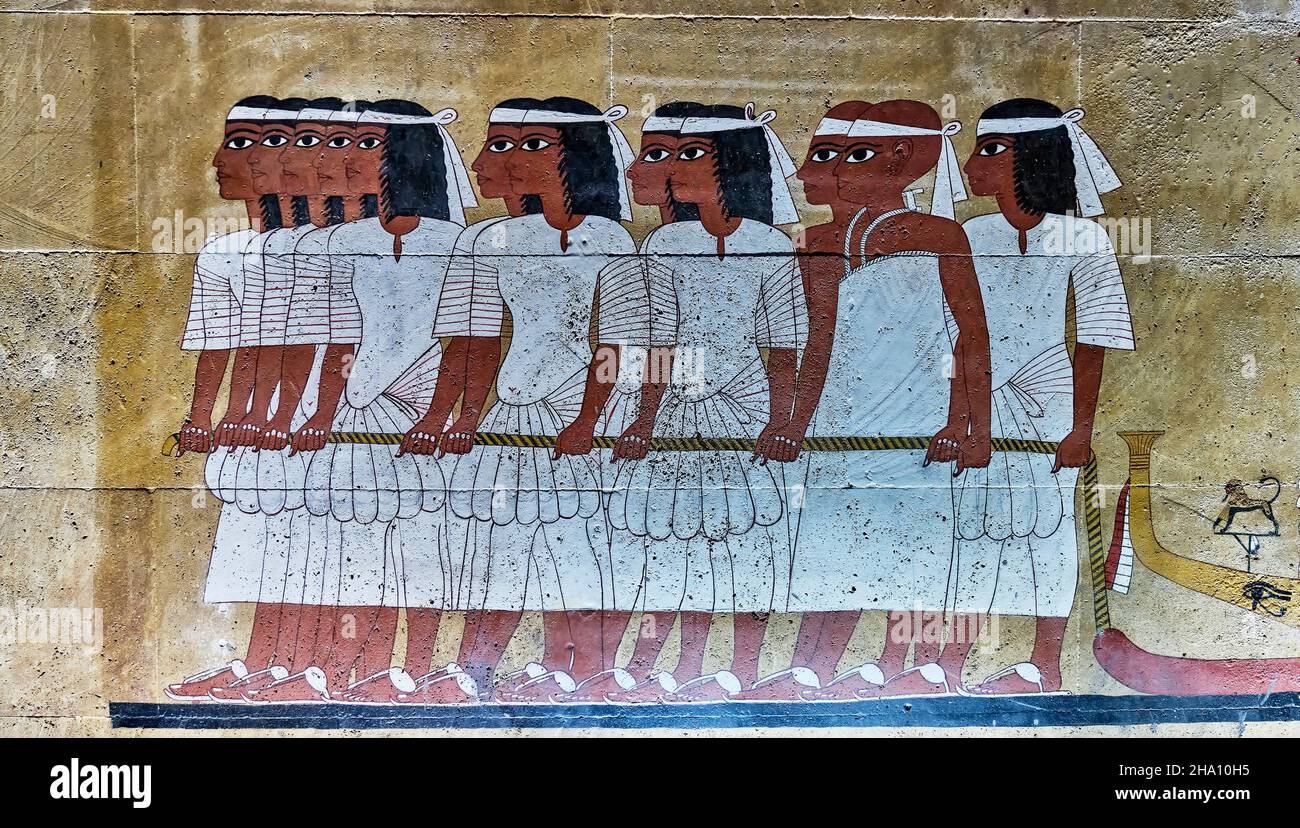 Replik von Fresko - Cortege zieht den König katafalque. Alte ägyptische Kunst Stockfoto