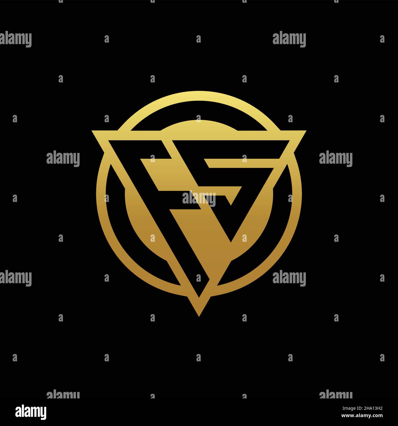 FS-Logo-Monogramm mit Dreieck-Form und Kreis abgerundeten Stil isoliert auf Goldfarben und schwarzem Hintergrund Design-Vorlage Stock Vektor