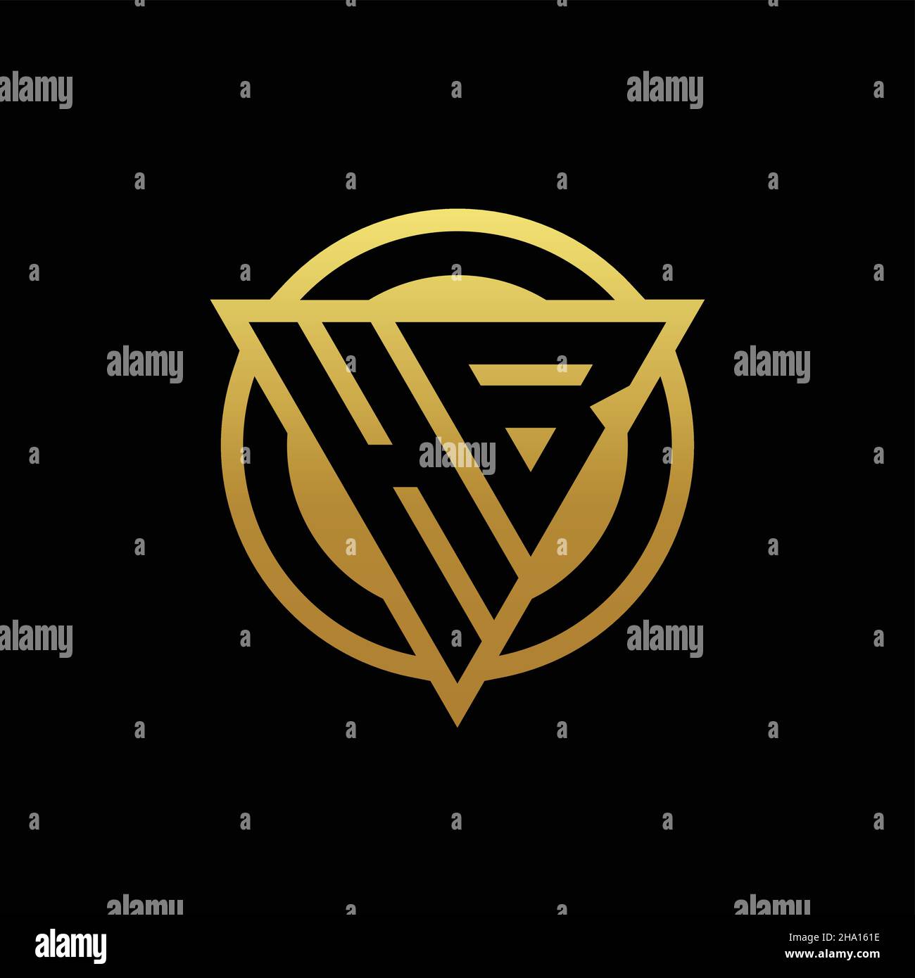HB-Logo-Monogramm mit Dreieck-Form und Kreis abgerundeten Stil isoliert auf Goldfarben und schwarzem Hintergrund Design-Vorlage Stock Vektor
