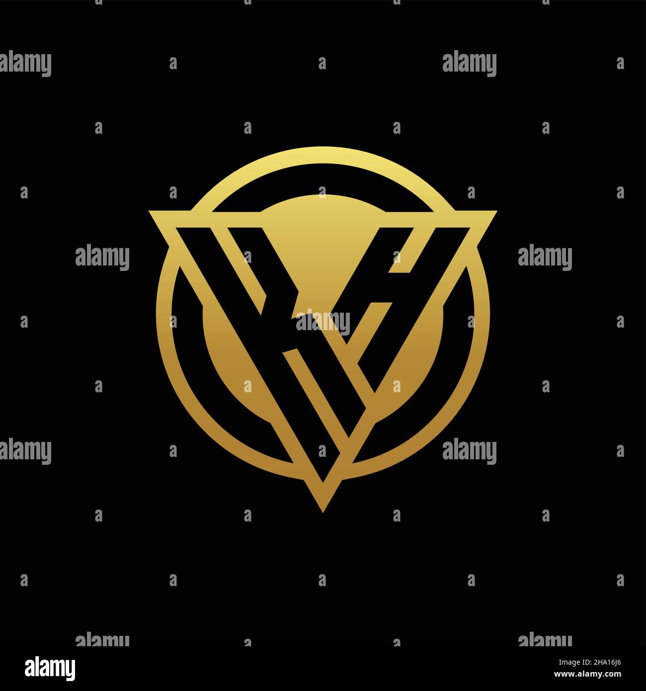 KH-Logo-Monogramm mit Dreieck-Form und Kreis abgerundeten Stil isoliert auf Goldfarben und schwarzem Hintergrund Design-Vorlage Stock Vektor