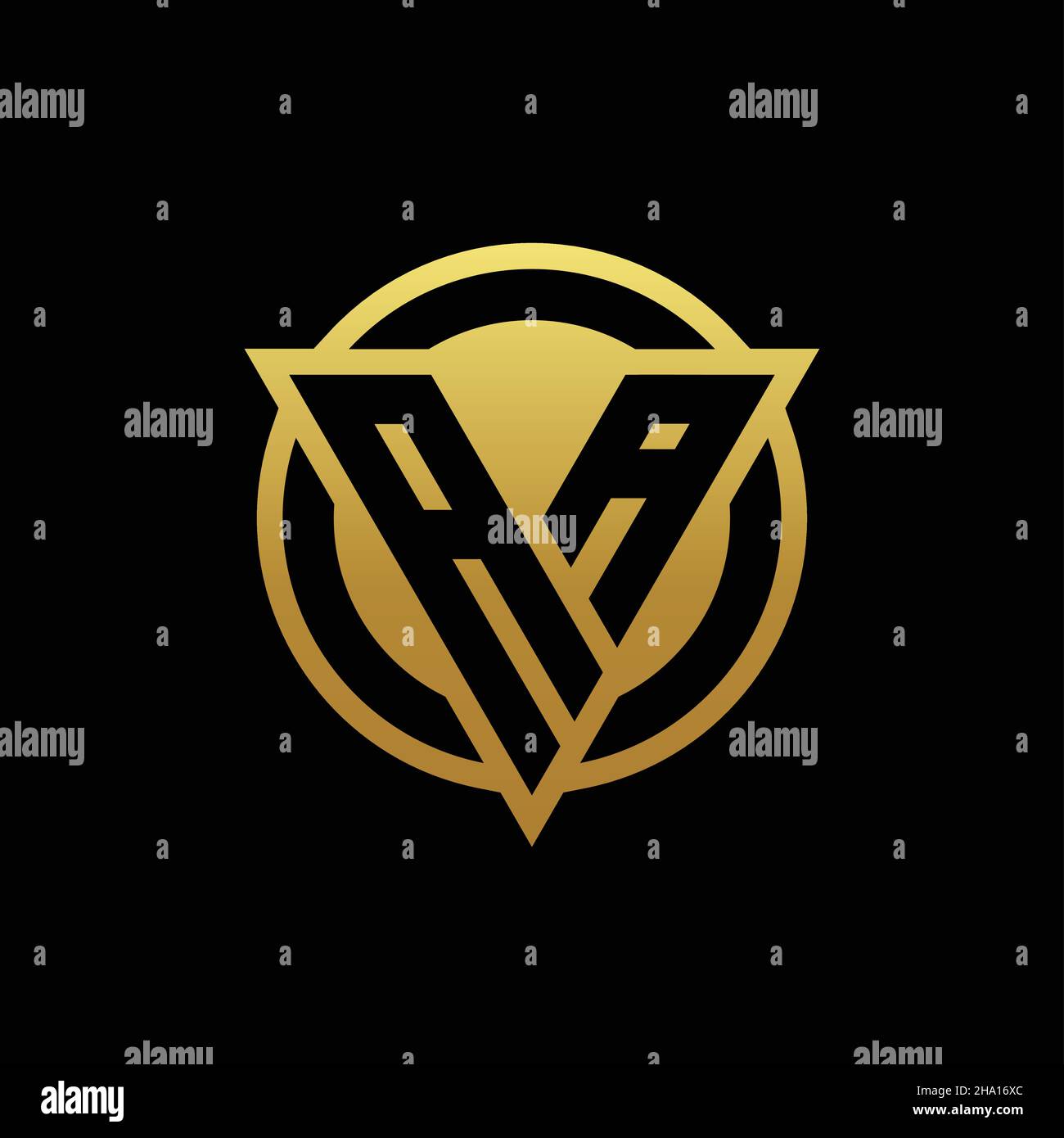 AA-Logo-Monogramm mit Dreieck-Form und Kreis abgerundeten Stil isoliert auf Goldfarben und schwarzem Hintergrund Design-Vorlage Stock Vektor