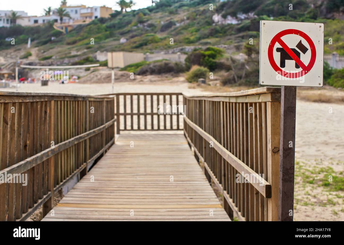 Rot und schwarz keine Hunde erlaubt Schild auf Holzweg zum Strand Stockfoto
