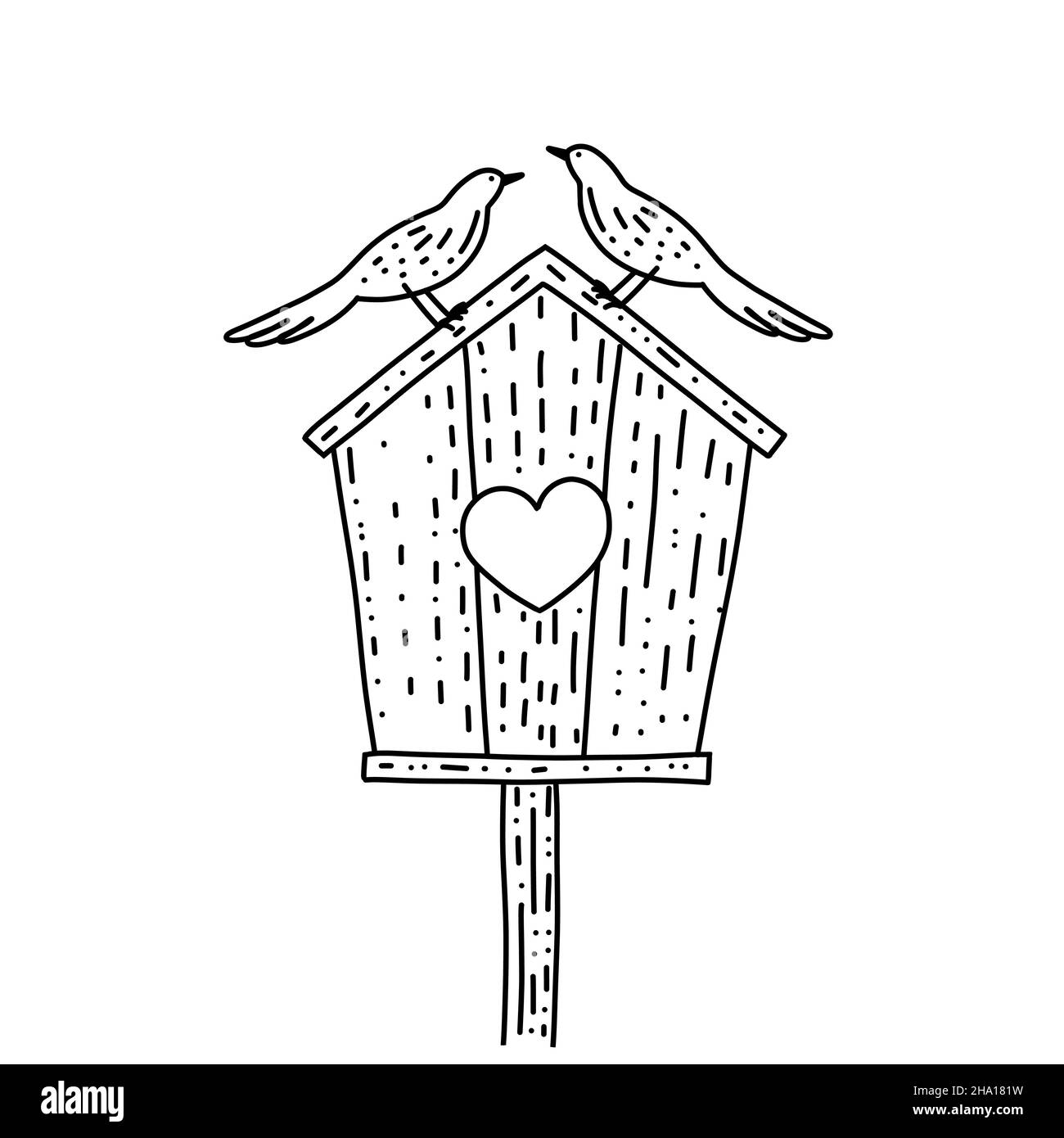 Vogelhaus aus Holz auf einem Stock mit zwei Vögeln. Vektorgrafik im Doodle-Stil. Valentibe und Hochzeit Konzept isoliert Vektor-Illustration auf einem Stock Vektor