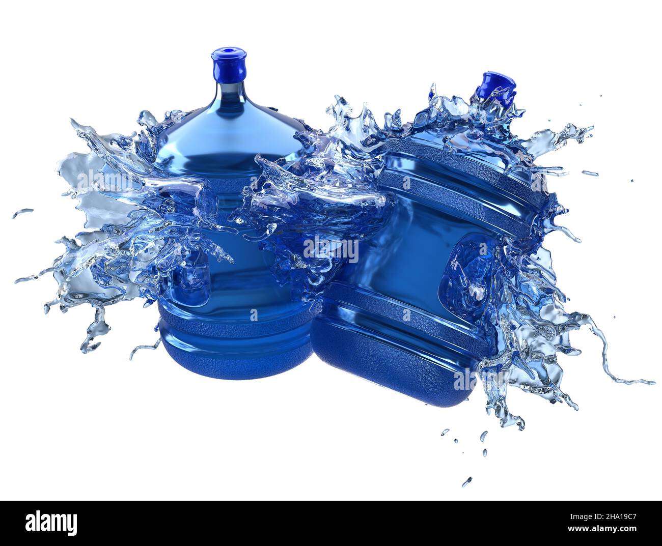 Große Wasserflaschen im Wasser spritzen isoliert auf weißem Hintergrund. 3D Rendern. Stockfoto