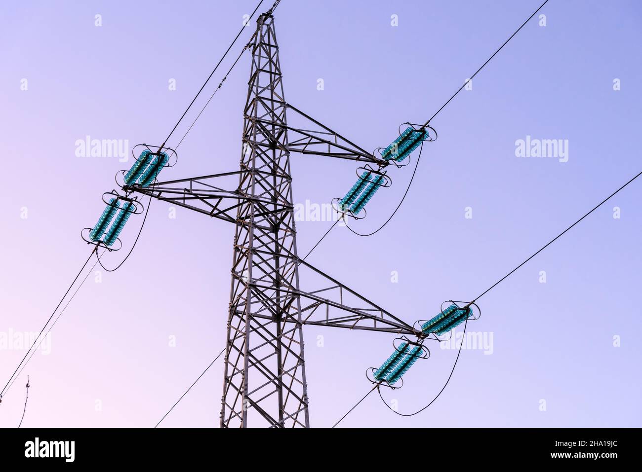 Strommast, der Hochspannungskabel gegen den klaren Himmel in der Abenddämmerung unterstützt Stockfoto