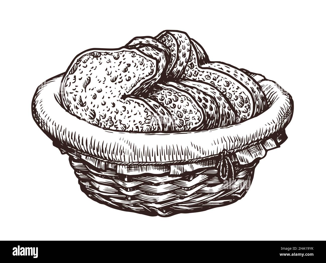Brotscheiben im Korb. Vektorgrafik Lebensmittel, Bäckerei Skizze Stock Vektor