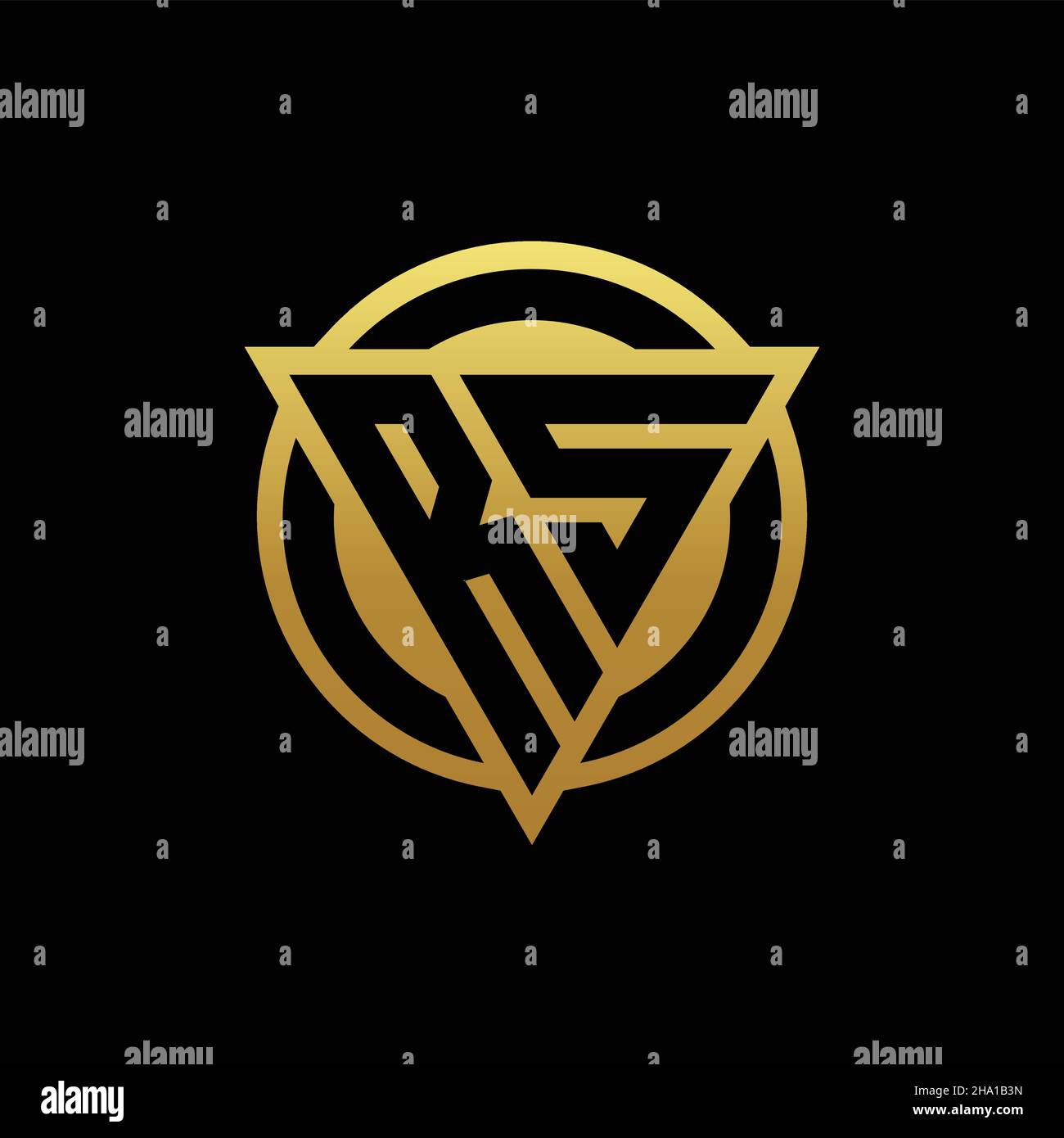 RS-Logo-Monogramm mit Dreieck-Form und Kreis abgerundeten Stil isoliert auf Goldfarben und schwarzem Hintergrund Design-Vorlage Stock Vektor