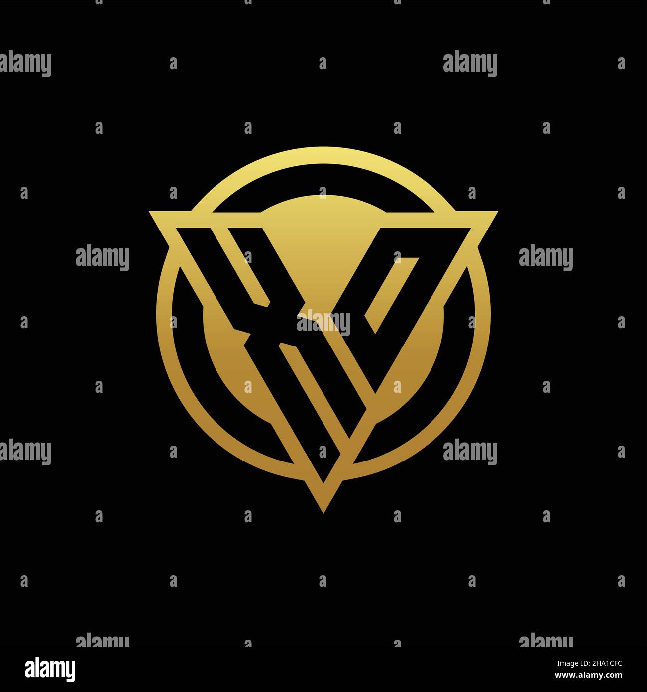 XO-Logo-Monogramm mit Dreieck-Form und Kreis abgerundeten Stil isoliert auf Goldfarben und schwarzem Hintergrund Design-Vorlage Stock Vektor