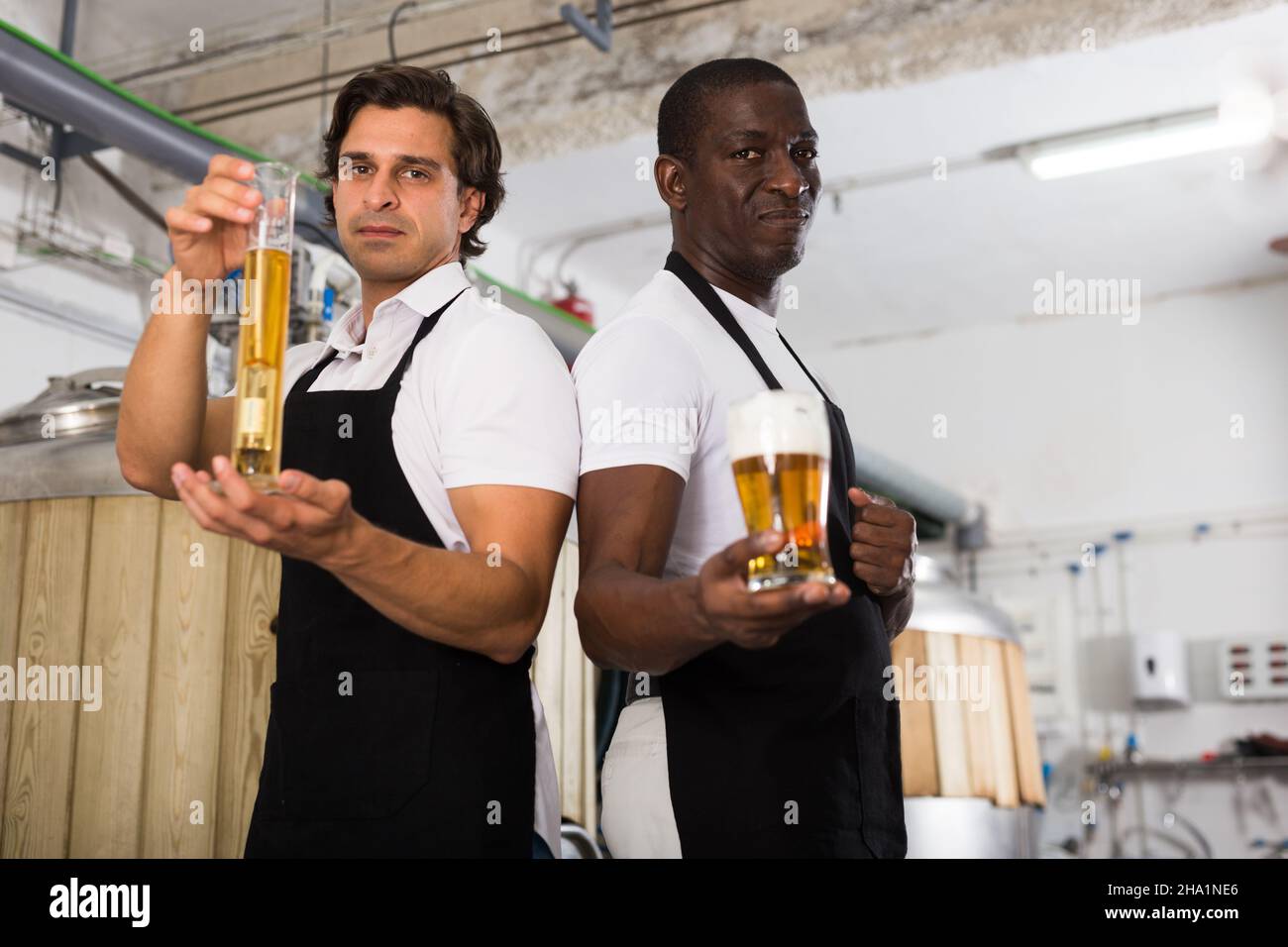 Zwei professionelle Brauer zeigen Glas und Flasche Bier Stockfoto