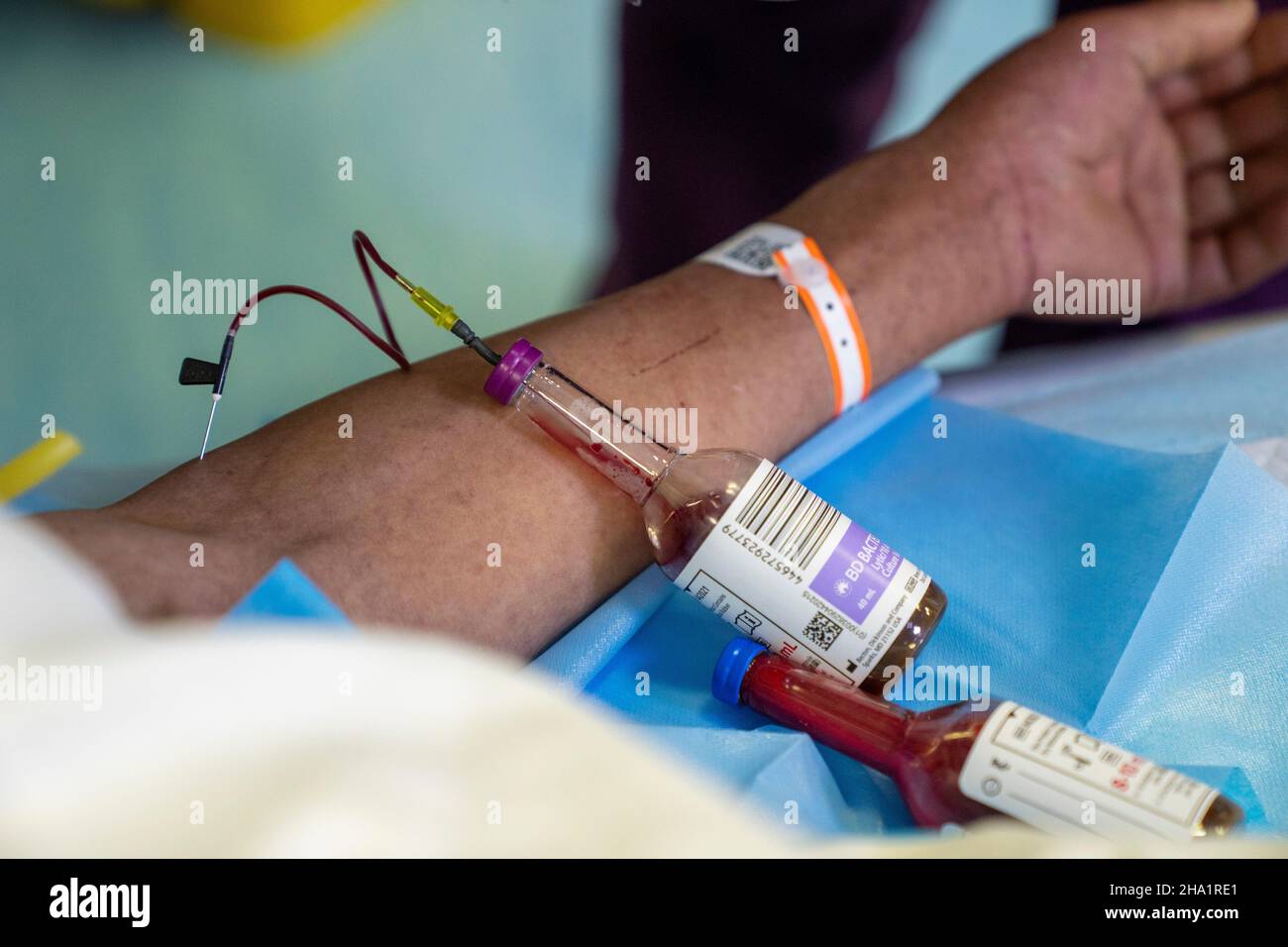 ENSHI, CHINA - 23. JUNI 2020 - Eine Krankenschwester entnimmt Blut aus einer Intensivstation in der Stadt Enshi, Provinz Hubei, China, 23. Juni 2020. Stockfoto