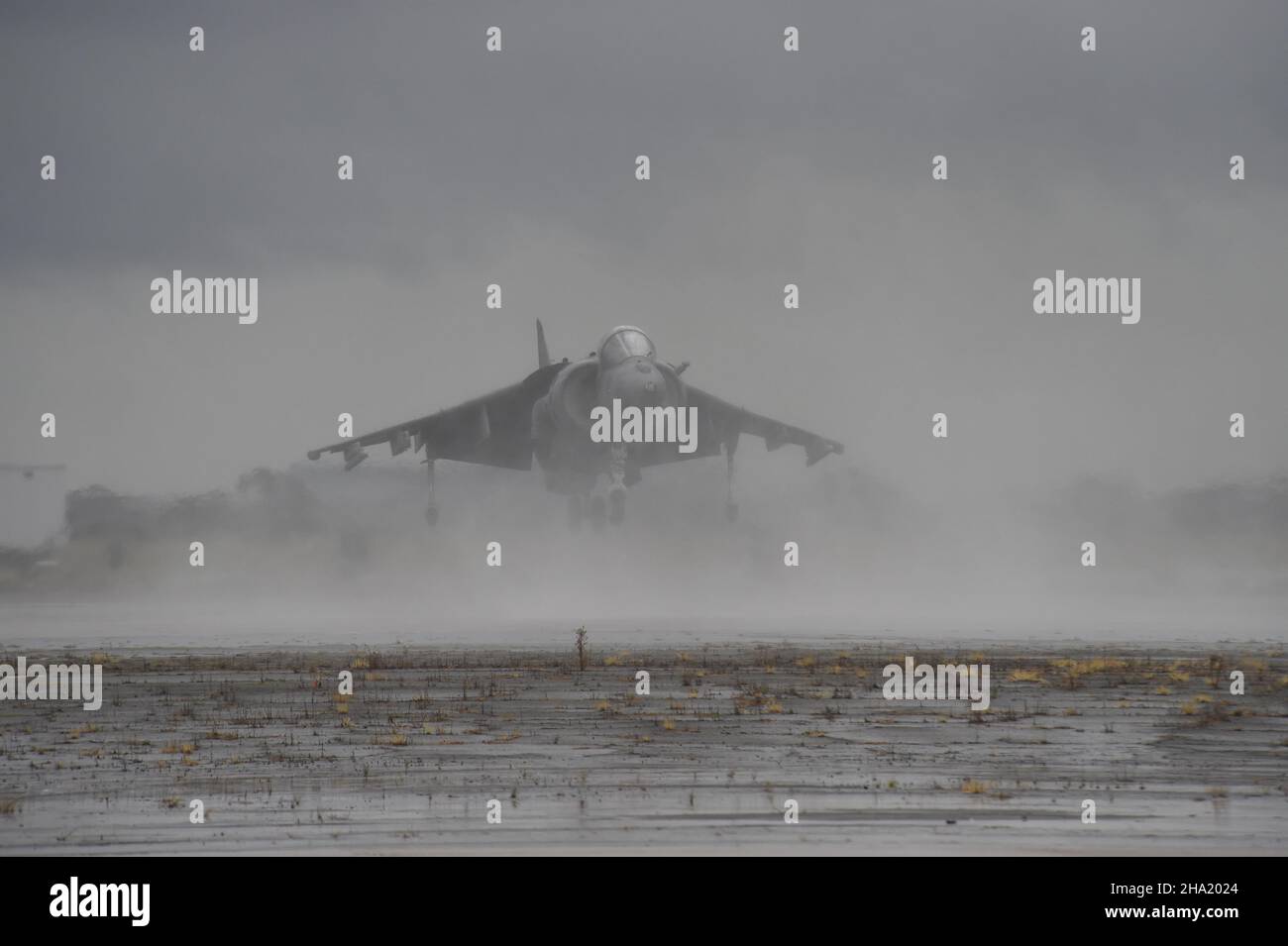 United States Marine Corps AV-8B Harrier II landete im Nebel (3 von 4) bei MCAS Miramar, Kalifornien. Stockfoto