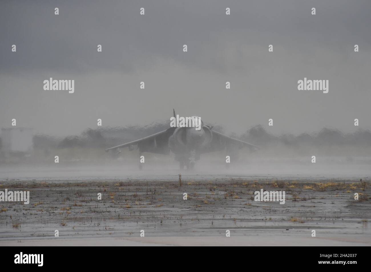 United States Marine Corps AV-8B Harrier II landete im Nebel (4 von 4) bei MCAS Miramar, Kalifornien. Stockfoto