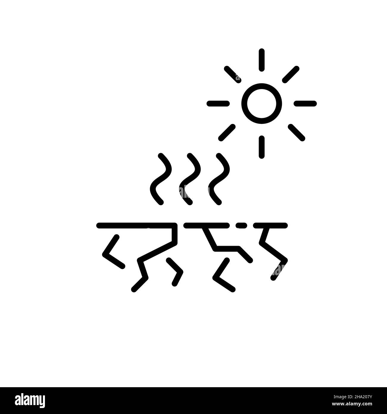 Dürrekatastrophe. Gerissene Erde und Sonne, die Hitzewellen aussenden. Pixel Perfect, bearbeitbares Kontursymbol Stock Vektor