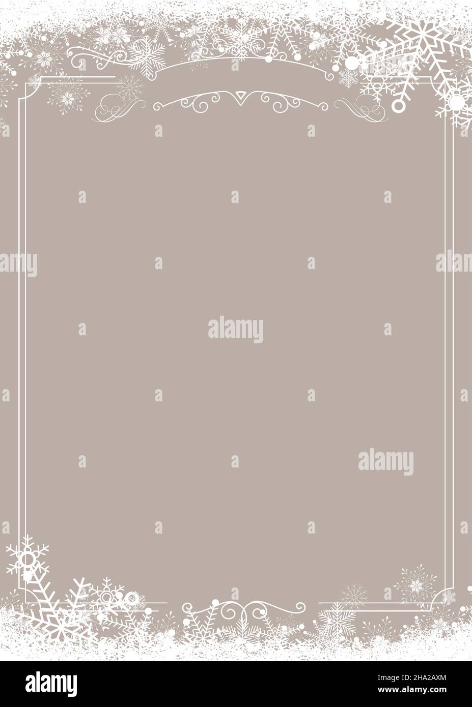 Vertikales Cafe-Menü in Größe A4 - Winter-Schneeflocken-Grenze und weihnachtlicher beigefarbener Hintergrund Stock Vektor