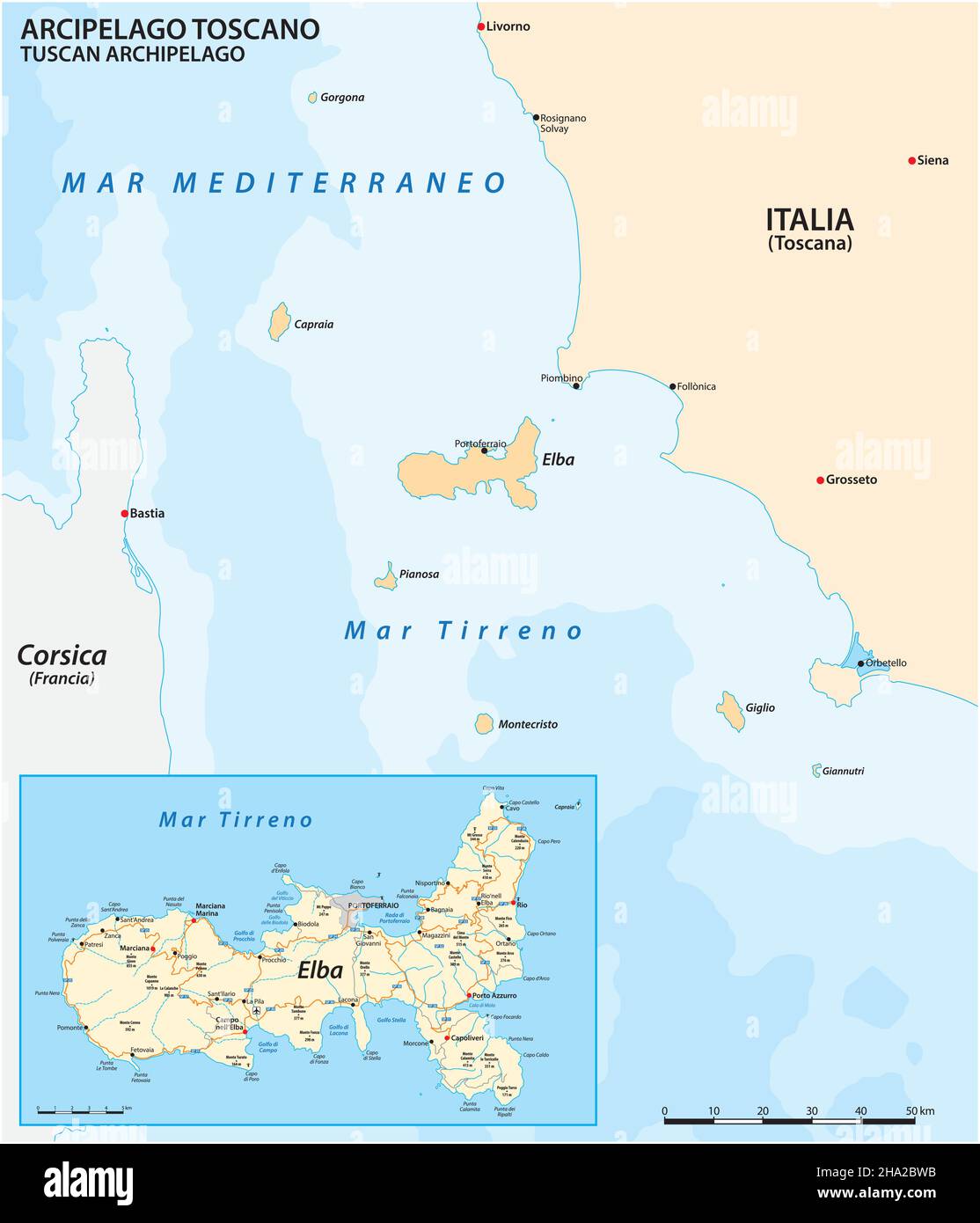 Karte der Insel Elba und des Toskanischen Archipels, Italien Stock Vektor