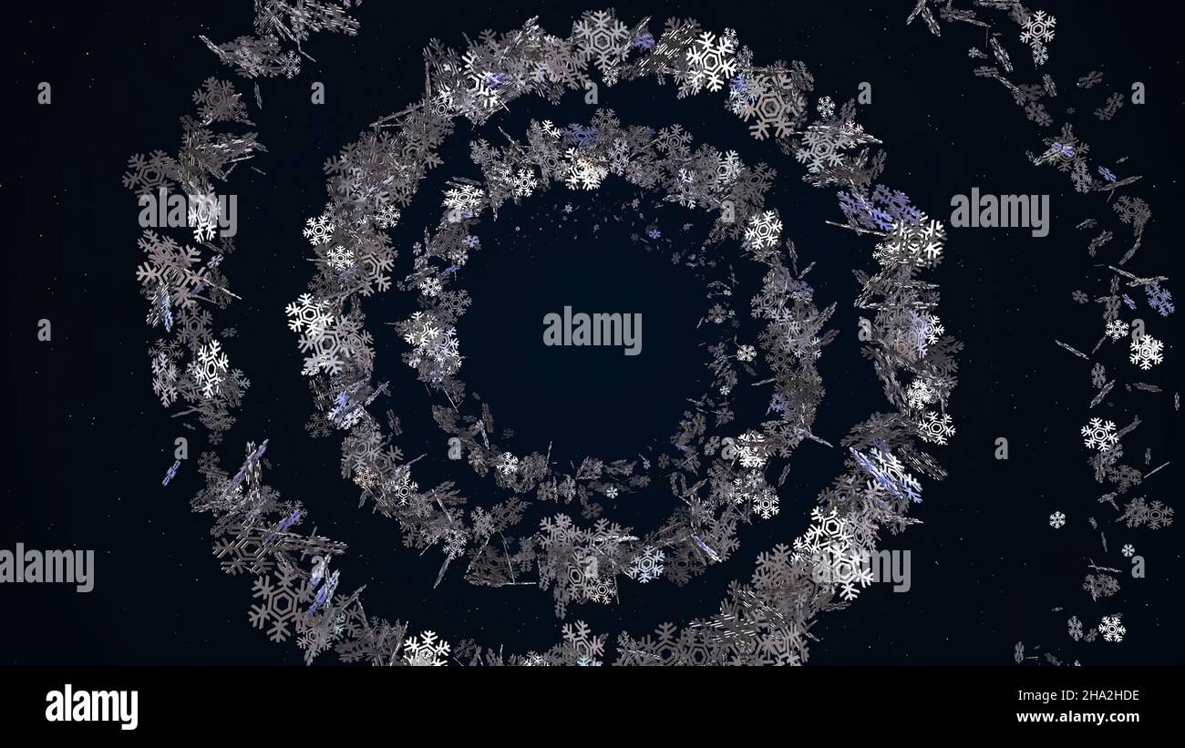 Animation von Weihnachtsspiralbaum. Animation. Spiralender Weihnachtsbaum mit Spielzeug. Stockfoto