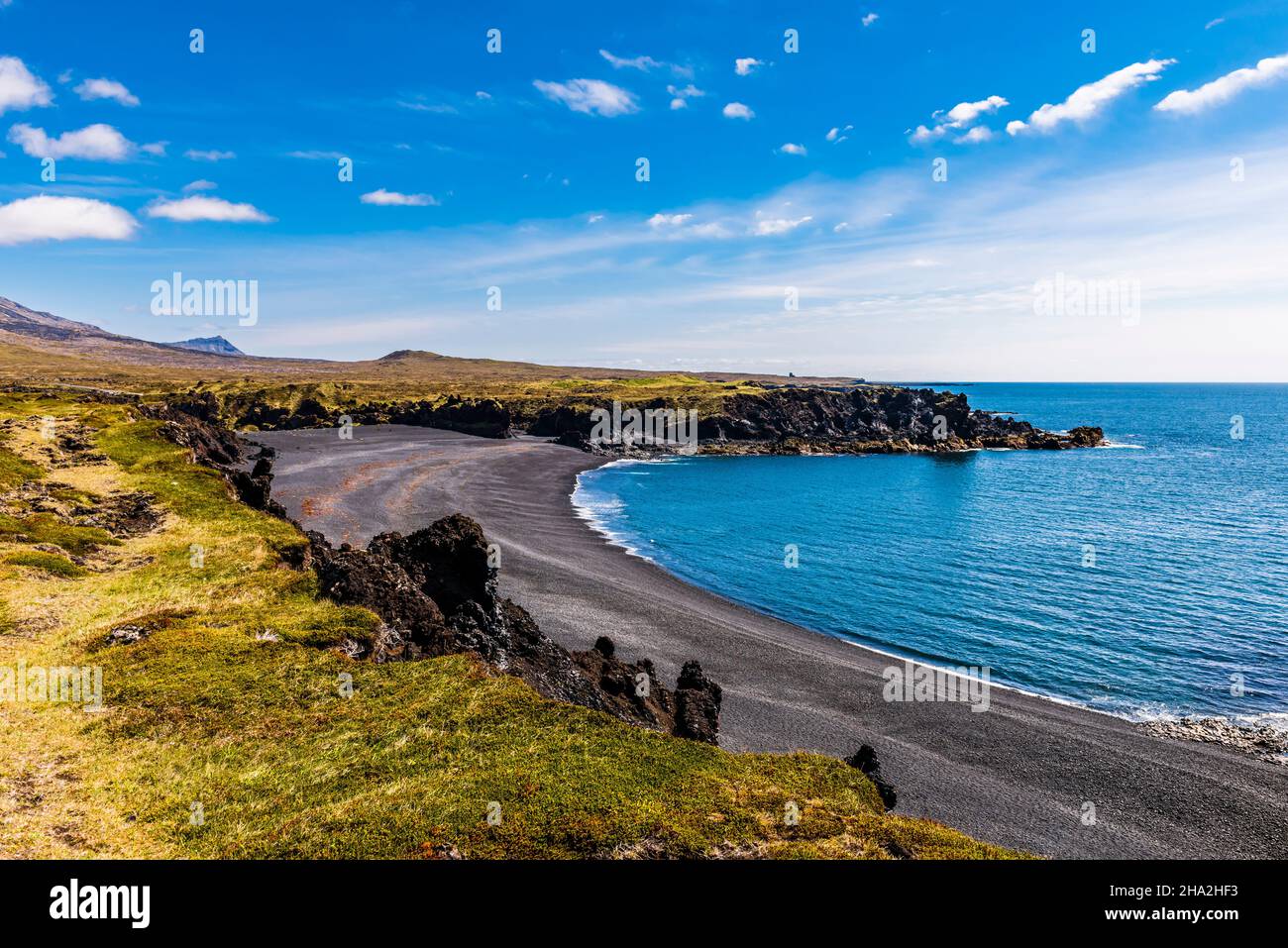 Schwarzer Sand am Djupalonssandur Beach, Snaefellsnes Peninsula, Westisland Stockfoto