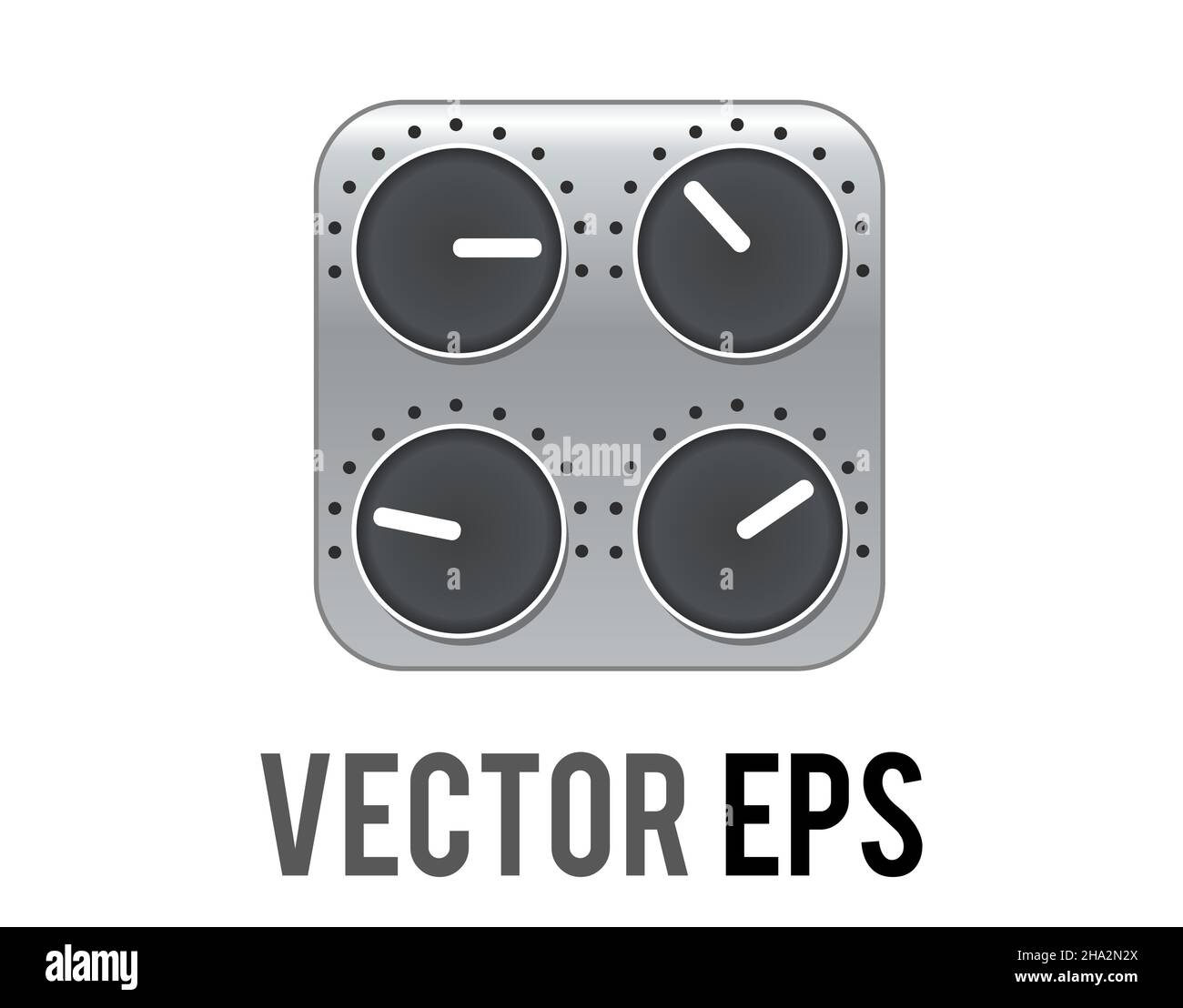 Das isolierte Vektor-Silber-Quadrat Audio-Mischpult-Symbol mit vier schwarzen Knöpfen, Taste, weißen Zeigern und Skalenmarkierungen Stock Vektor