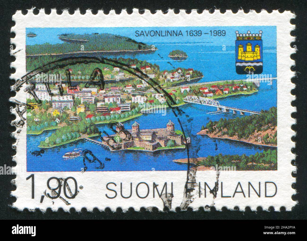 FINNLAND - UM 1989: Briefmarke gedruckt von Finnland, zeigt Savonlinna Municipal Charter, um 1989 Stockfoto