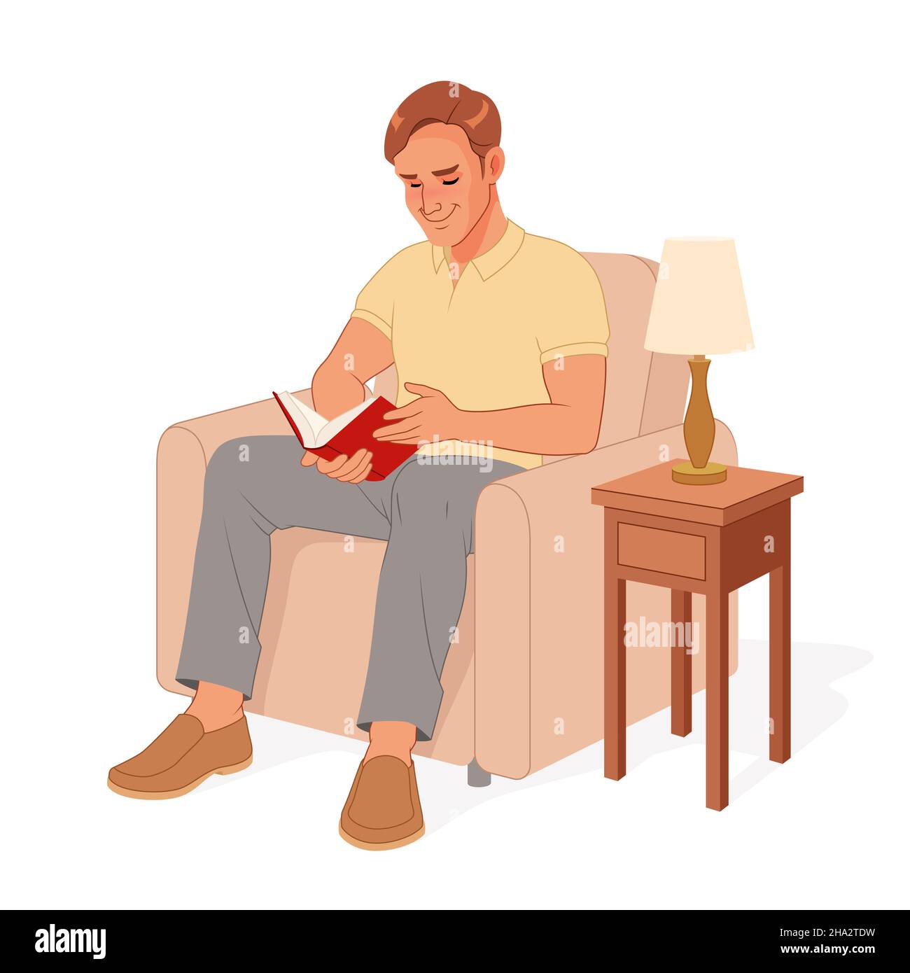 Junger Mann liest ein Buch, während er sich im Sessel ausruht. Vektorgrafik. Stock Vektor