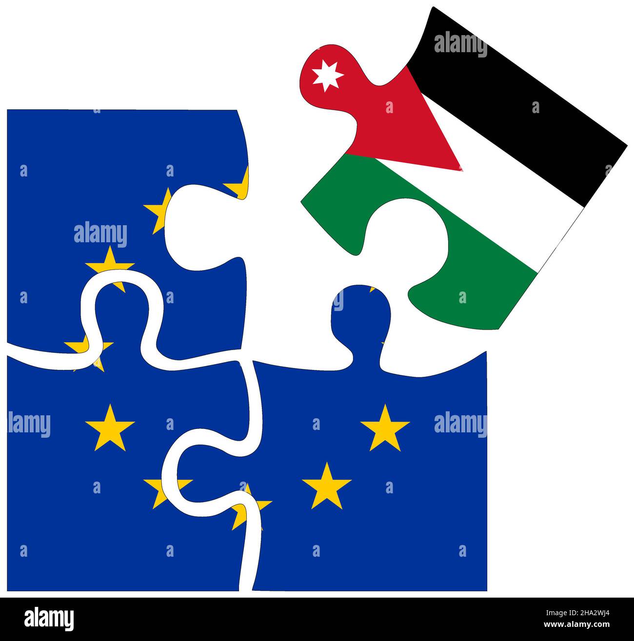 EU - Jordanien : Puzzle-Formen mit Fahnen, Symbol der Vereinbarung oder Freundschaft Stockfoto