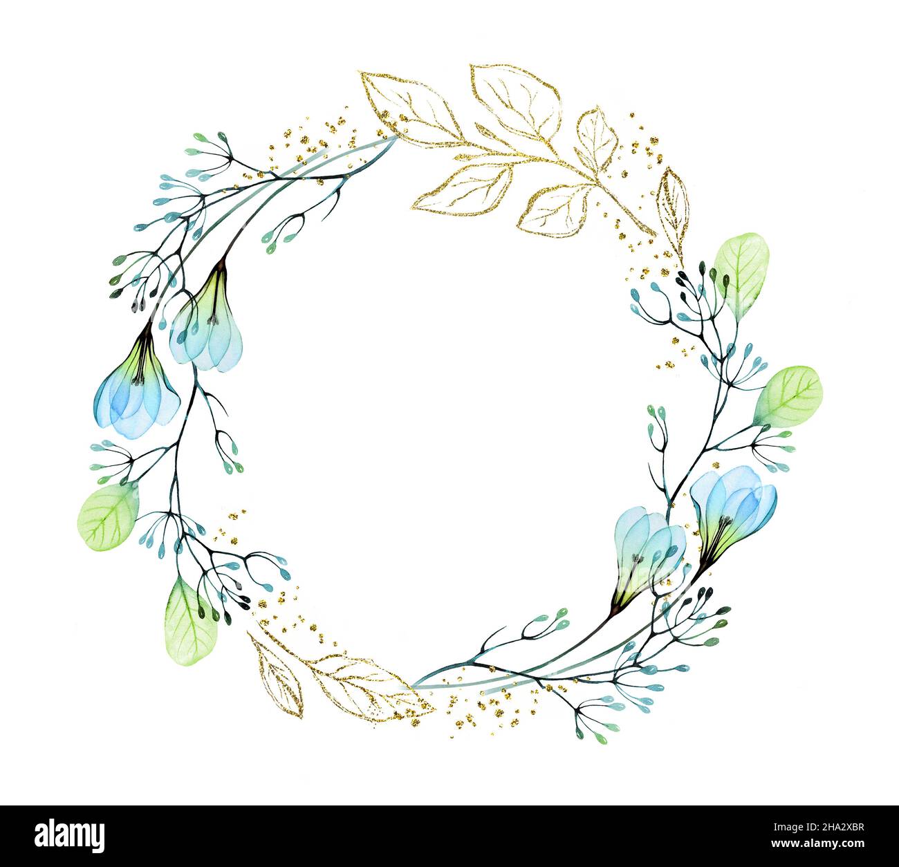 Aquarell-Kranz mit goldenem Glitzer und blauen Blüten. Abstraktes Banner mit Blumen und Folie mit Platz für Text. Botanische Blumen Hintergrund für Stockfoto