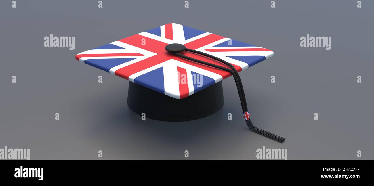 Britische Flagge für Hochschulabsolventen. Englische Hochschule, Universitätshut mit Quaste auf schwarzem Hintergrund. Bildung und Studium in Großbritannien. 3D Abbildung Stockfoto