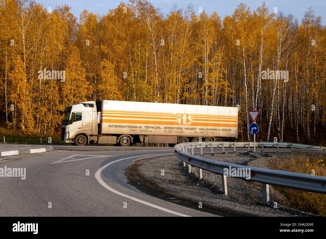 Im Herbst fährt ein Lastenwagen auf einer Autobahn vor dem Hintergrund eines gelben Birkenwaldes. Stockfoto