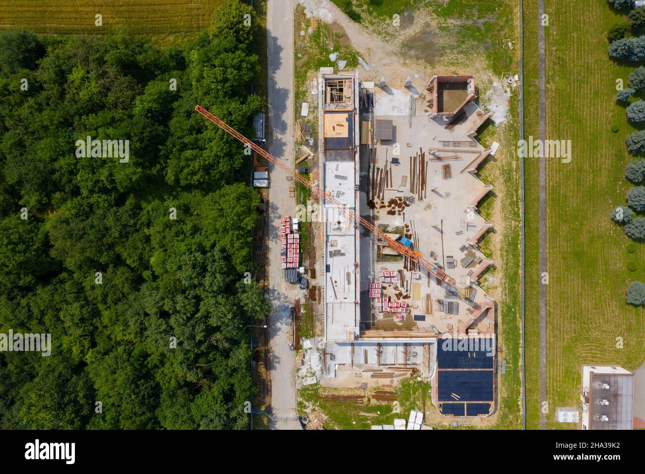 Hausbaustelle, Drohnenantenne Draufsicht Stockfoto