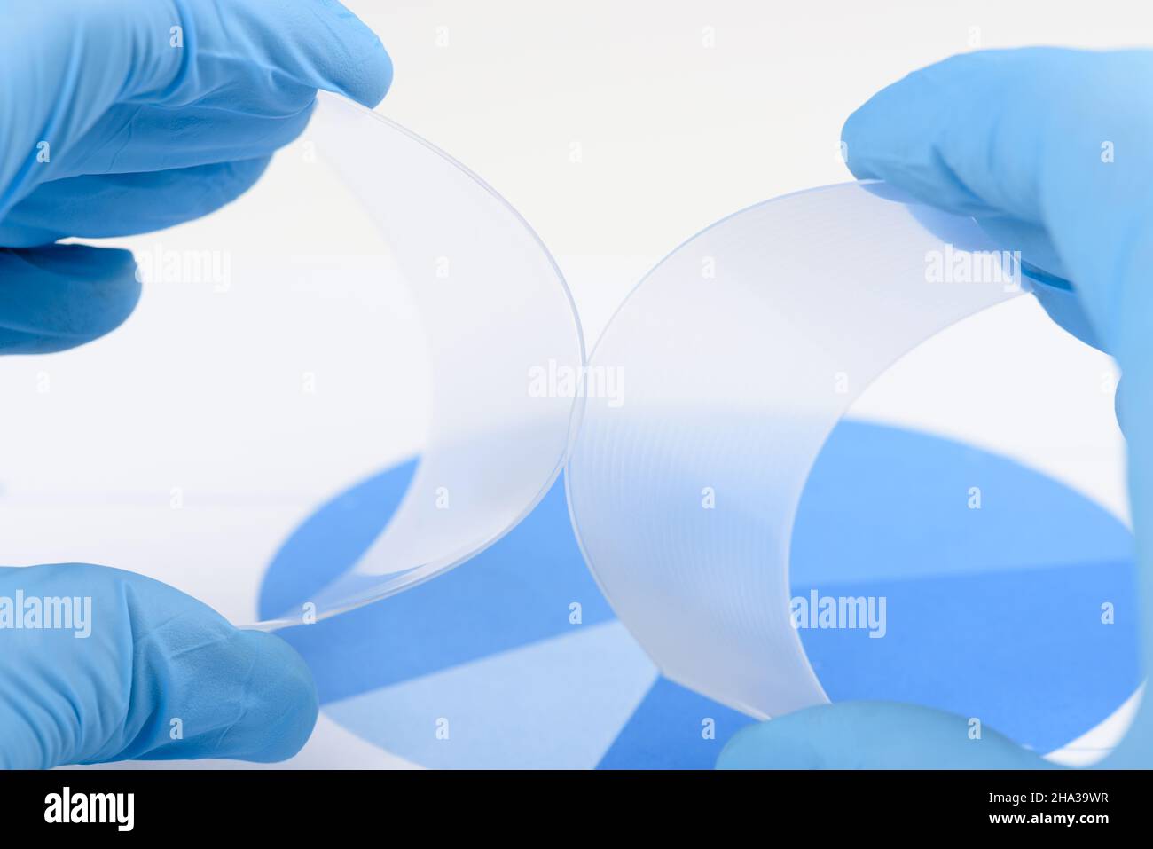 Wissenschaftler halten und biegen zwei flexible, transparente Kunststoffteile wie Polymermaterial im Labor. Erforschung und Entdeckung eines neuen Materialkonzepts Stockfoto