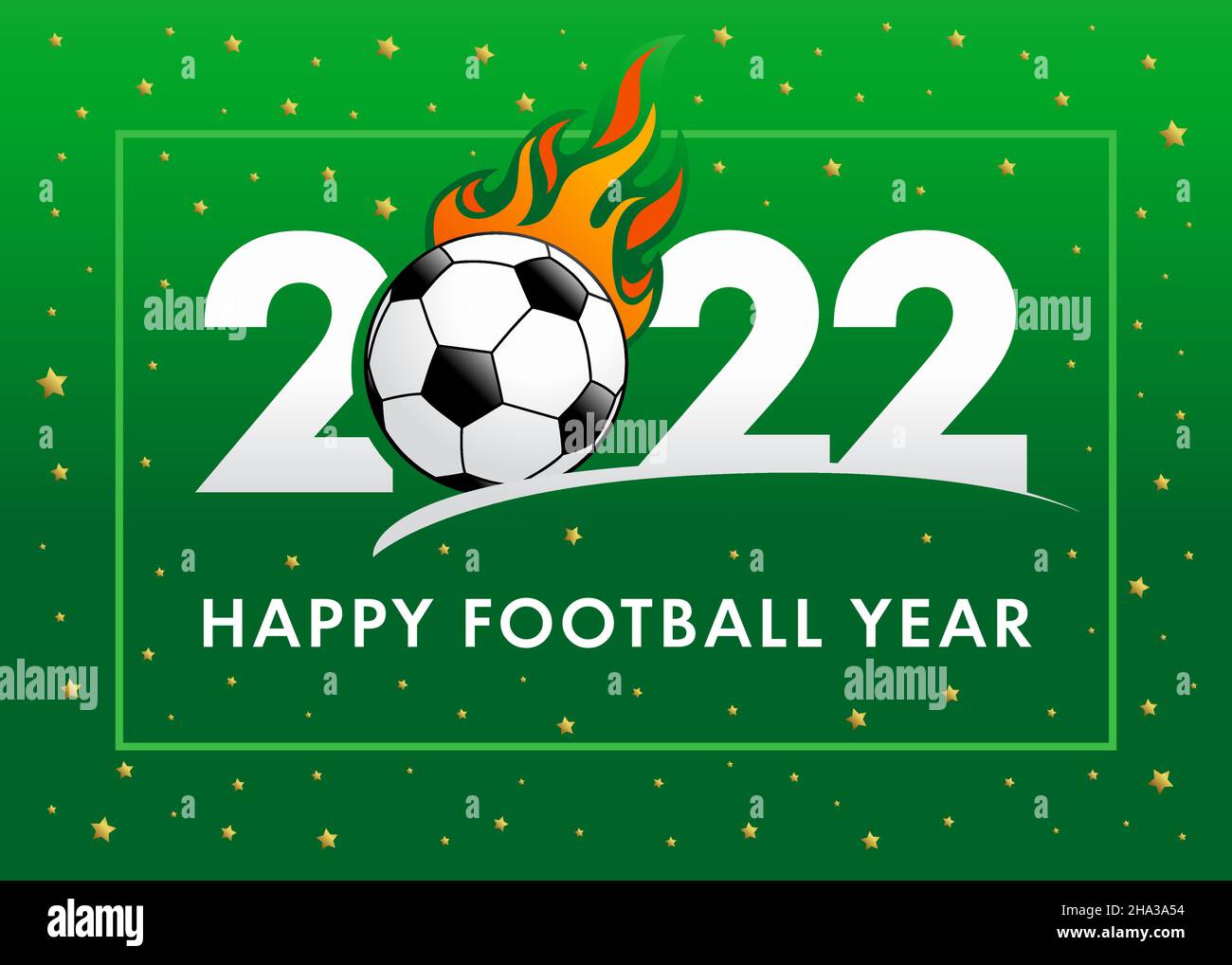 Frohes Fußballjahr 2022 grünes Banner. Neujahrsschrift 2022 mit Ball in Flammen und goldenen Sternen. Fußball Sport Turnier Vektor Hintergrund Stock Vektor