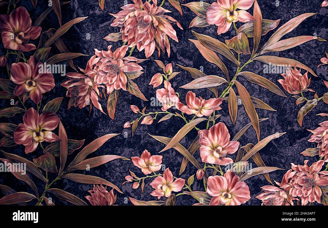 Hintergrund Tapete Textur von orangen Blumen auf schwarzem Hintergrund Stockfoto