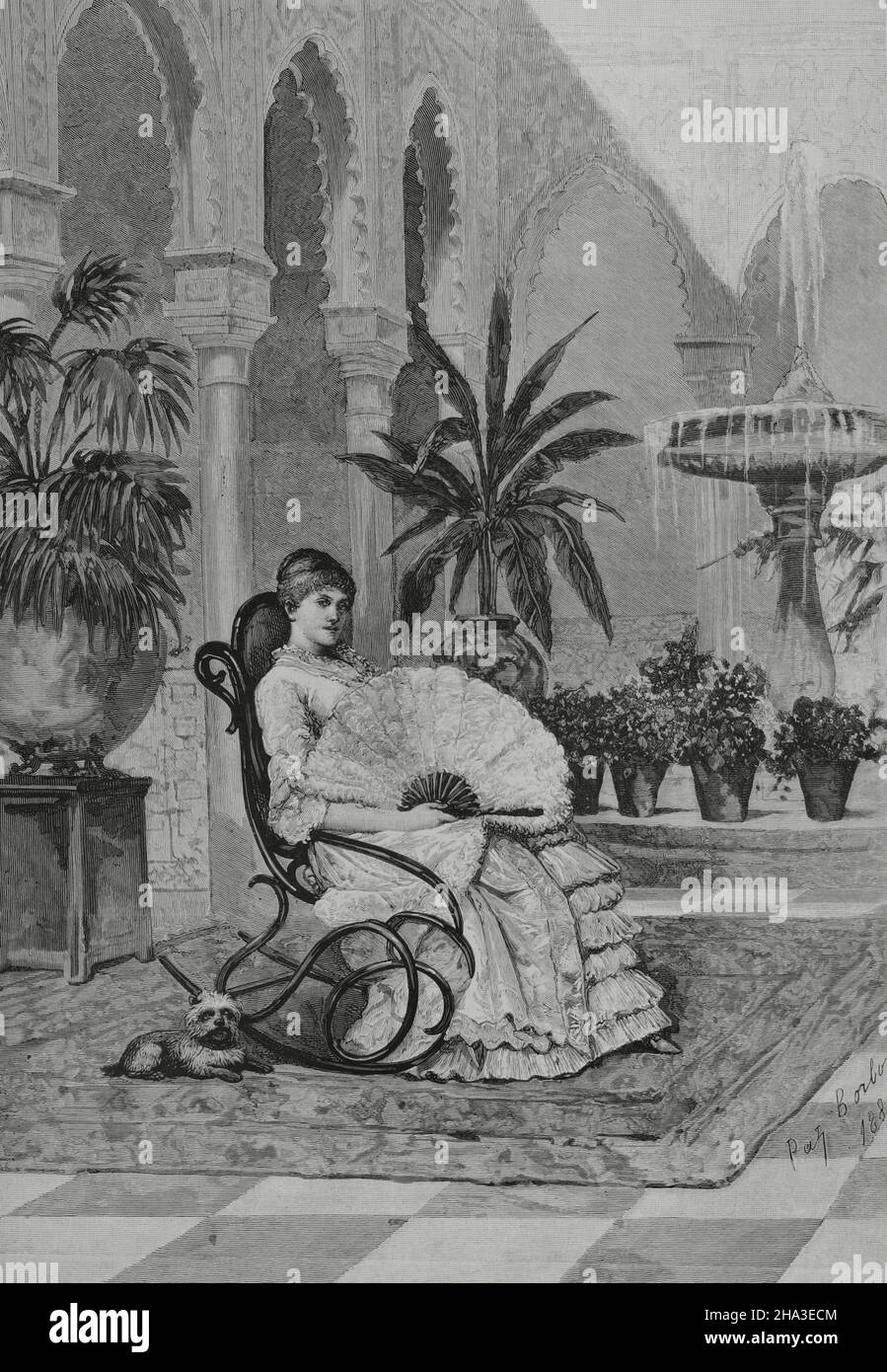 „Mein einziges Modell“ (Mi único modelo). Gravur nach einem Aquarell der spanischen infantin Paz de Borbón im Jahr 1881. La Ilustración Española y Americana, 1882. Stockfoto